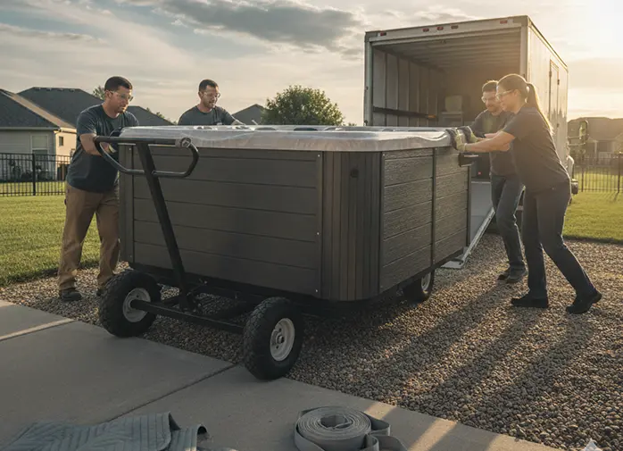 professional movers transporting a hot tub safely